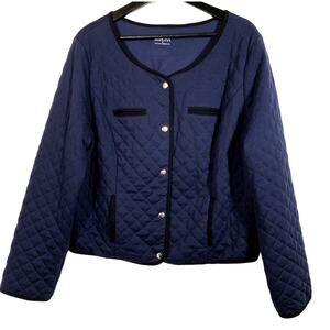 Navy Blue Quilted Crop Jacket- Plus Size 2 Slide In Pockets Snap Front Merona